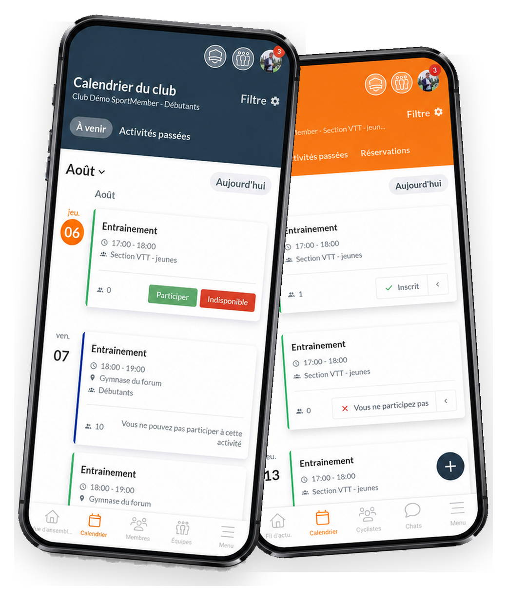 L'appli SportMember sur deux téléphones : le calendrier du club et le calendrier d'équipe